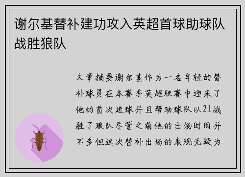 谢尔基替补建功攻入英超首球助球队战胜狼队